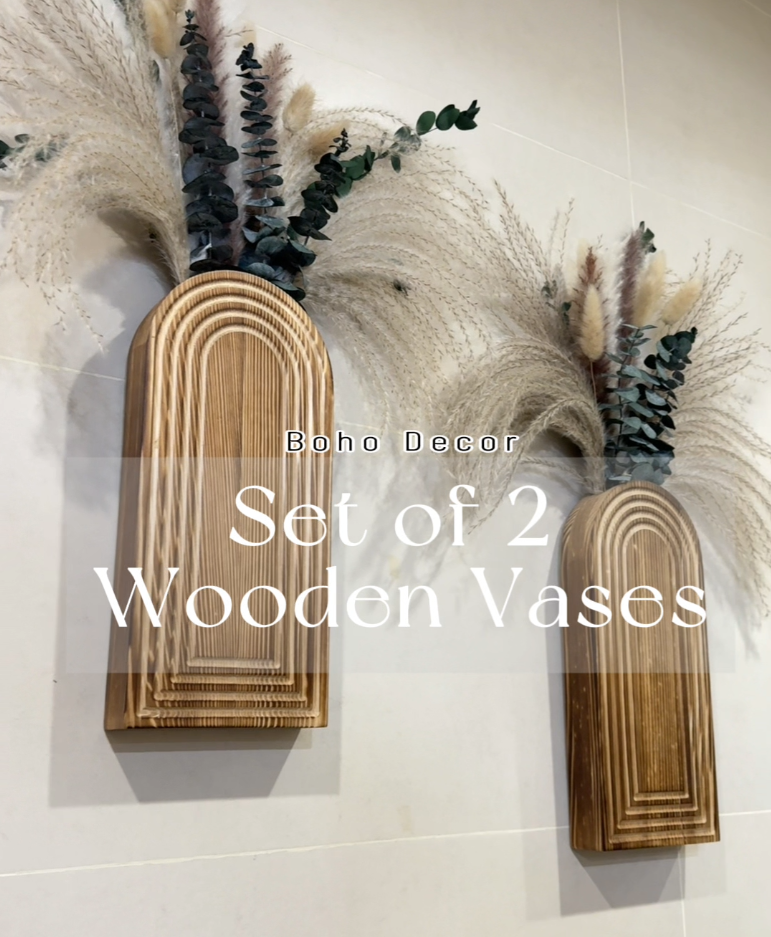 2 Pack Wooden Wall Vase Set with Pampas Grass Eucalyptus, Modern Farmhouse Boho Wall Decor for Living Room, Entryway, Hallway, Bathroom, Dining Room, Brown Wall Art for Home Decoration